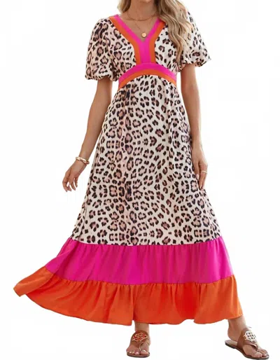 Pretty Bash Leopard Colorblock Long Sleeve Maxi Dress In Bright Pink In Blue