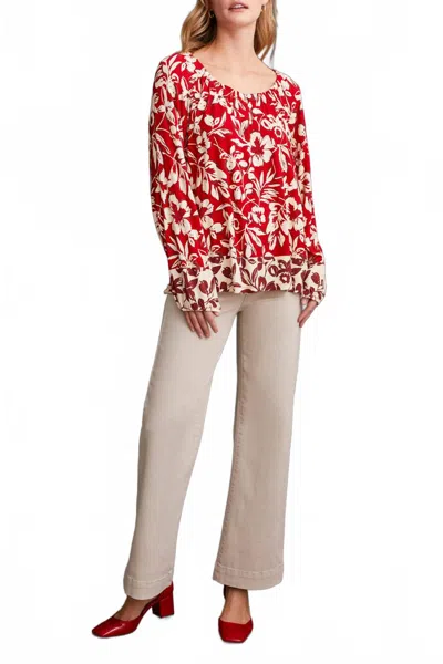 Tribal Long Sleeve Peasant Top With Buttons In Scarlet In Multi