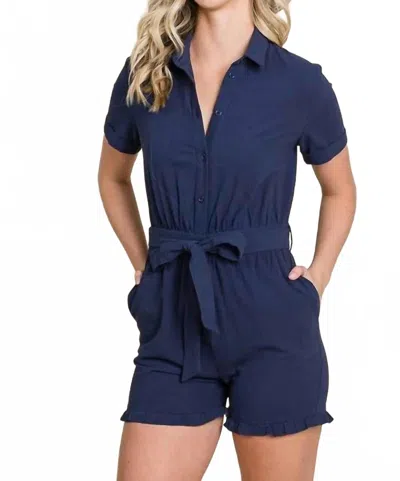 Lime N Chili Solid Cotton Collared Button Down Romper With Tie Belt In Navy In Blue