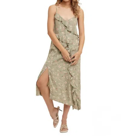Hem & Thread Asymmetrical Ruffle Cami Midi Dress In Dusty Olive In Green
