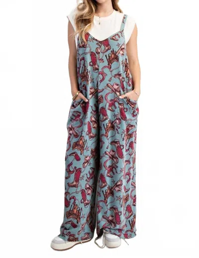 Easel Western Print Soft Jumpsuit In Dusty Blue In Multi