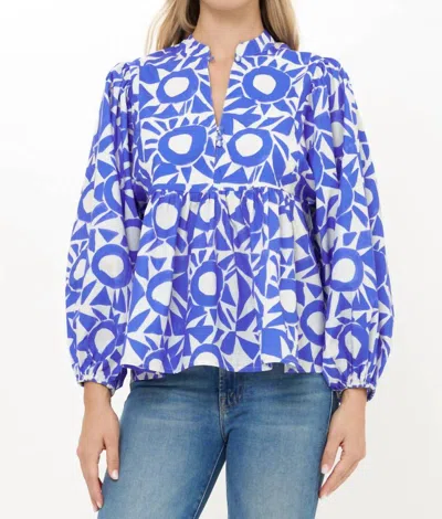 Oliphant Mandarin Long Balloon Sleeves Top In Eclipse Blue In Blue
