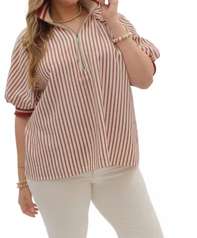 Entro Stripe Half-zip Puff Sleeve Top - Plus In Brick Multi In Multi