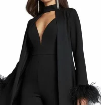 Jovani Long Sleeve Cape Jumpsuit In Ivory In Black