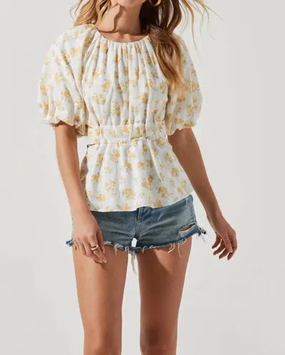 Astr Vendetti Short Puff Sleeve Top In White/yellow In Multi