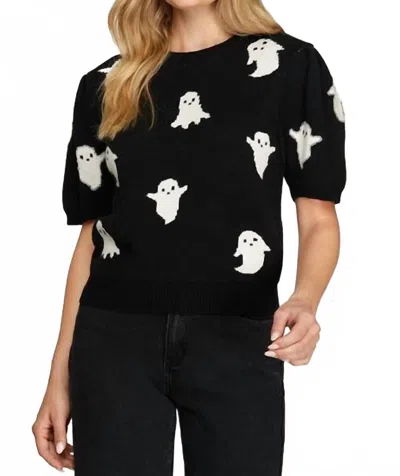 She + Sky Puff Sleeve Halloween Ghost Pattern Sweater In Black In Black