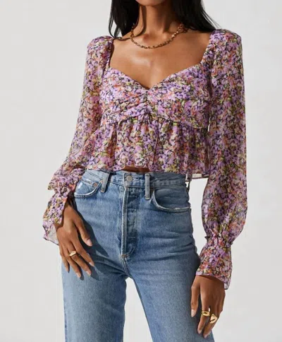 Astr Luann Long Puff Sleeve Top In Purple Navy Floral In Multi