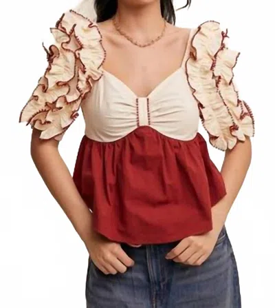 Listicle Colorblock Bow Shape Bust Contrast Ruffle Blouse In Burgundy In Multi