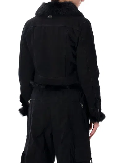 Dolce & Gabbana Cropped Denim Jacket Fur Cuffs In Black