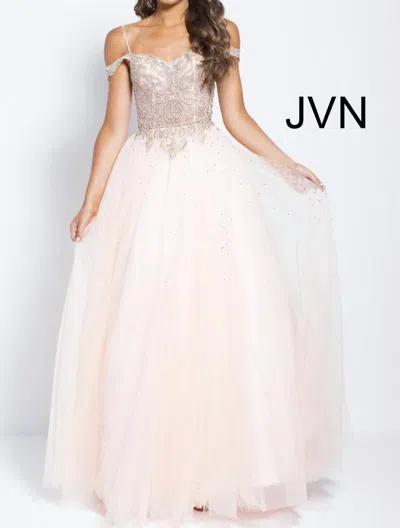 Jovani Embellished Off The Shoulder Prom Ballgown In Blush In Neutral