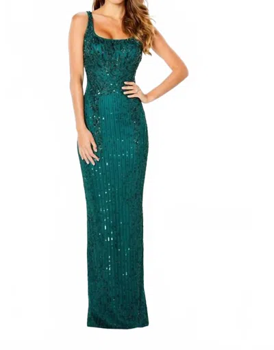 La Valetta Beaded Sheath Gown In Emerald In Green