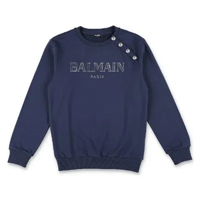 Balmain Kids Logo Embroidered Cotton Sweatshirt In Blue