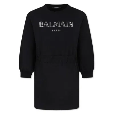 Balmain Kids Paris Logo Long-sleeved Dress In Black