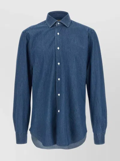 Barba Napoli Button-down Collar Long Sleeve Denim Shirt In Blue