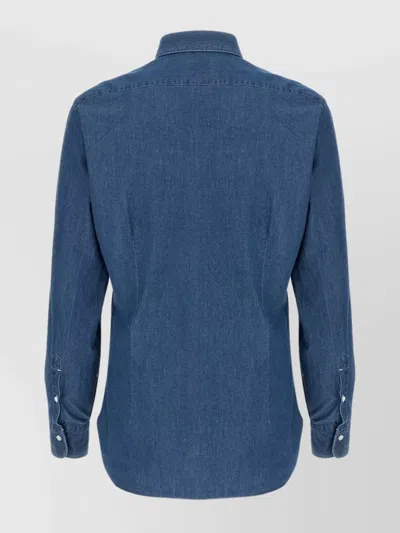 Barba Napoli Button-down Collar Long Sleeve Denim Shirt In Blue
