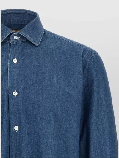 Barba Napoli Button-down Collar Long Sleeve Denim Shirt In Blue