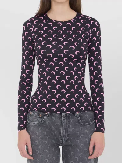 Marine Serre Moon Printed Jersey Long Sleeve Crewneck Top In Black