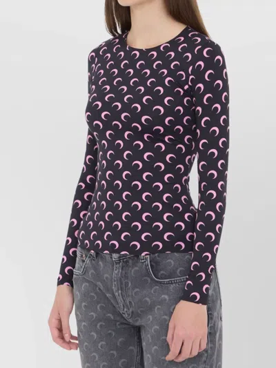 Marine Serre Moon Printed Jersey Long Sleeve Crewneck Top In Black
