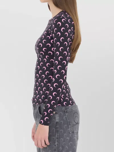 Marine Serre Moon Printed Jersey Long Sleeve Crewneck Top In Black