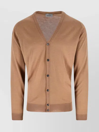 John Smedley V-neck Long Sleeve Ribbed Knit Sweater In Brown