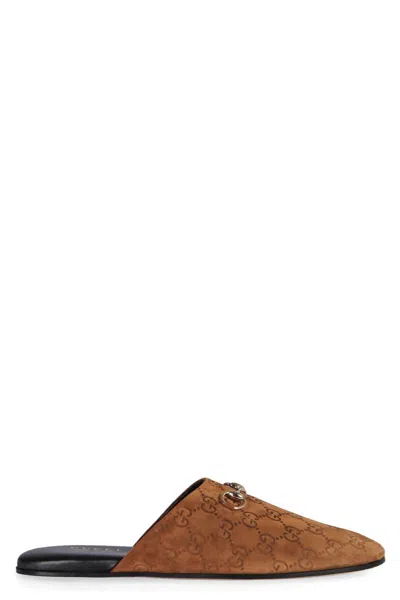 Gucci Camel Suede Slippers In Brown