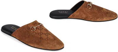 Gucci Camel Suede Slippers In Brown