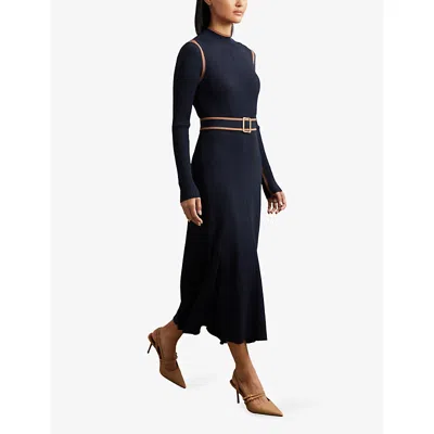 Reiss Navy/camel Colour-block Rib-knit Midi Dress In Animal Print