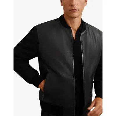 Reiss Mens Black Pearman Wool-sleeve Leather Bomber Jacket In Black