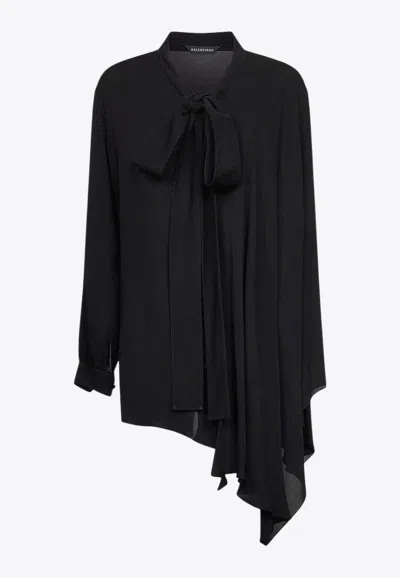 Balenciaga Asymmetric Black Silk Blouse With Scarf Women In Black