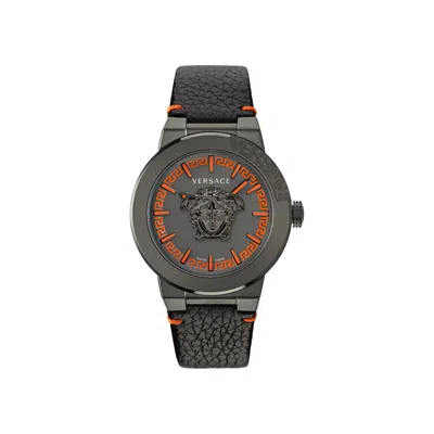 Pre-owned Versace Medusa Infinite Leather Watch 'gun' | Black | Men's Size Onesize