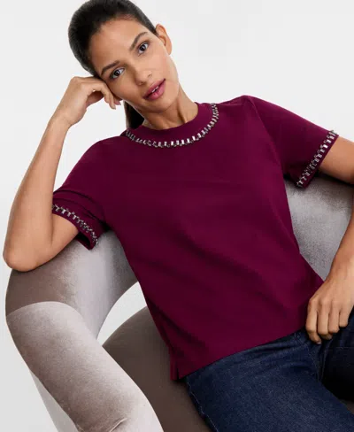 Inc International Concepts Women's Embellished T-shirt In Burgundy