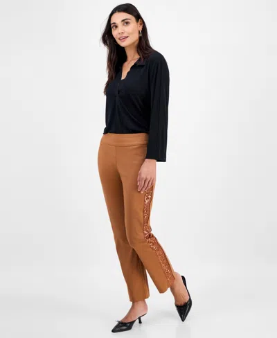 Jm Collection Petite Sequin-trim Cambridge Pants, Macy's Exclusive In Brown
