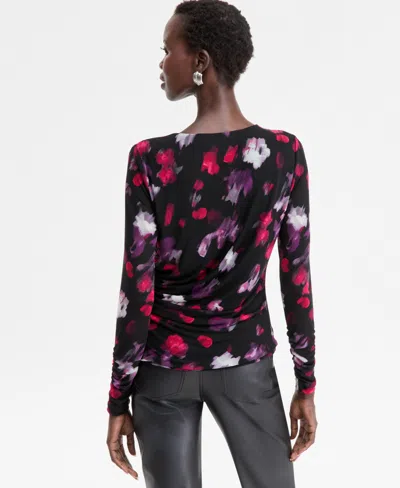 Inc International Concepts Women's Printed Long-sleeve Draped Mesh Top In Black