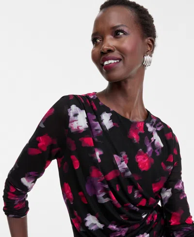 Inc International Concepts Women's Printed Long-sleeve Draped Mesh Top In Black