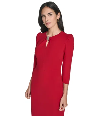 Jessica Howard Petite Jewel Neck Rhinestone Trim Sheath Dress In Red