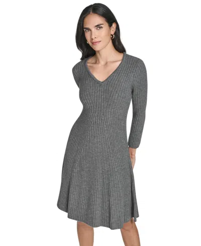 Jessica Howard Petite V-neck Fit & Flare Ribbed Dress In Gray