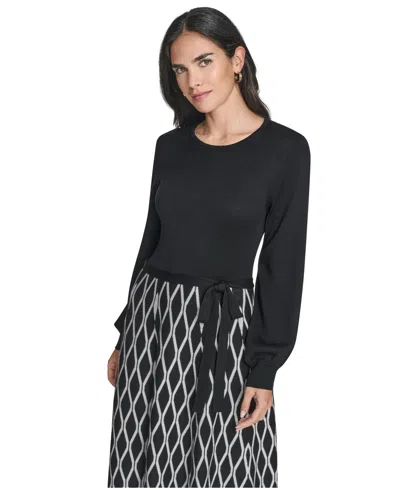 Jessica Howard Petite Long Sleeve Fit & Flare Sash Midi Dress In Black