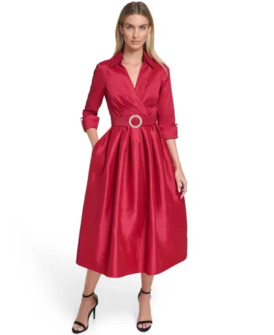 Jessica Howard Petite Collared V-neck Midi Dress In Red