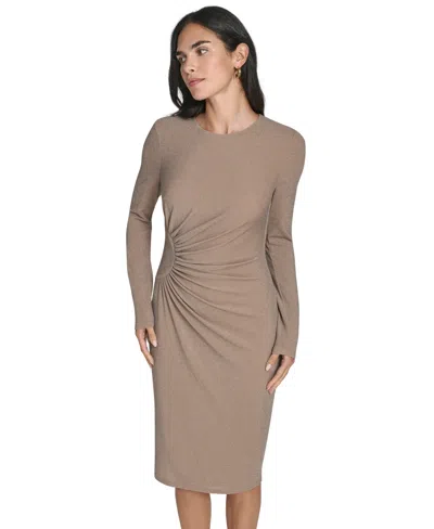 Jessica Howard Petite Long Sleeve Waist Shirred Sheath Dress In Brown