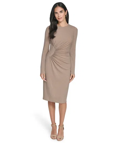 Jessica Howard Petite Long Sleeve Waist Shirred Sheath Dress In Brown