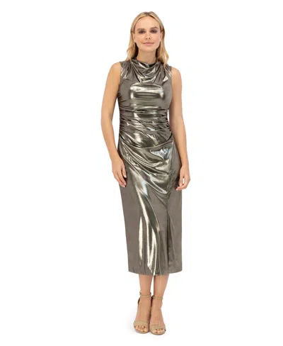 Vince Camuto Women's Metallic Cowlneck Ruched Dress In Gray