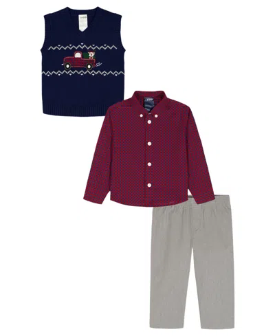 Izod Baby Boys 3-piece Fairisle Truck Sweater Vest, Shirt And Pants Set In Gray