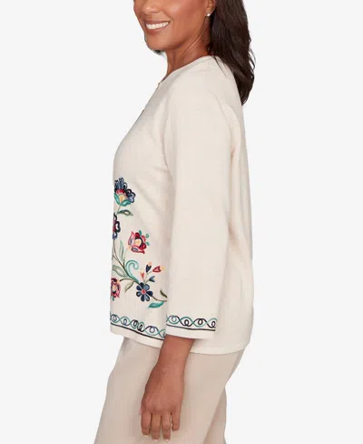 Alfred Dunner Petite Saratoga Springs Embroidered Floral Three-quarter Sleeve Sweater In Multi