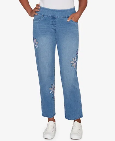 Alfred Dunner Petite Hilton Head Floral Applique Detail Pants In Blue