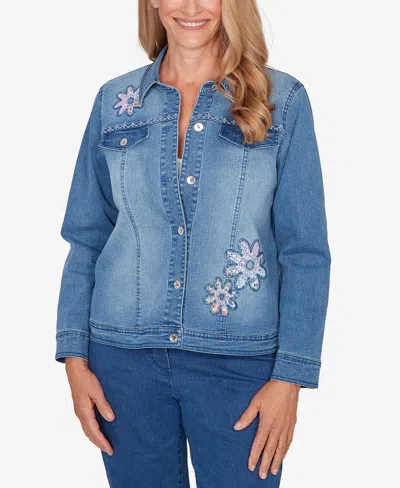 Alfred Dunner Plus Size Hilton Head Floral Applique Detail Light Denim Jacket In Blue