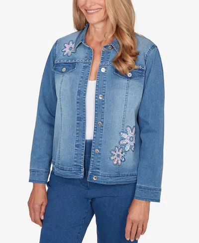 Alfred Dunner Plus Size Hilton Head Floral Applique Detail Light Denim Jacket In Blue