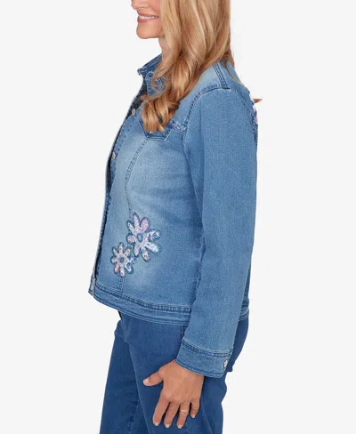 Alfred Dunner Plus Size Hilton Head Floral Applique Detail Light Denim Jacket In Blue