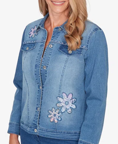 Alfred Dunner Plus Size Hilton Head Floral Applique Detail Light Denim Jacket In Blue