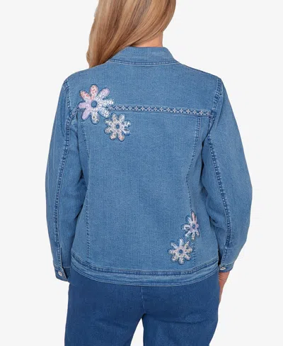 Alfred Dunner Plus Size Hilton Head Floral Applique Detail Light Denim Jacket In Blue