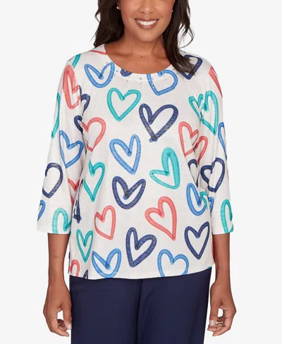 Alfred Dunner Women's Saratoga Springs Tossed Heart Pattern Knit Top In White
